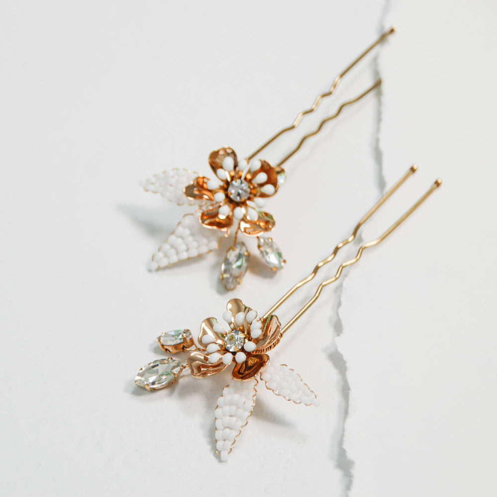 Gold & White Floral Hair Pins