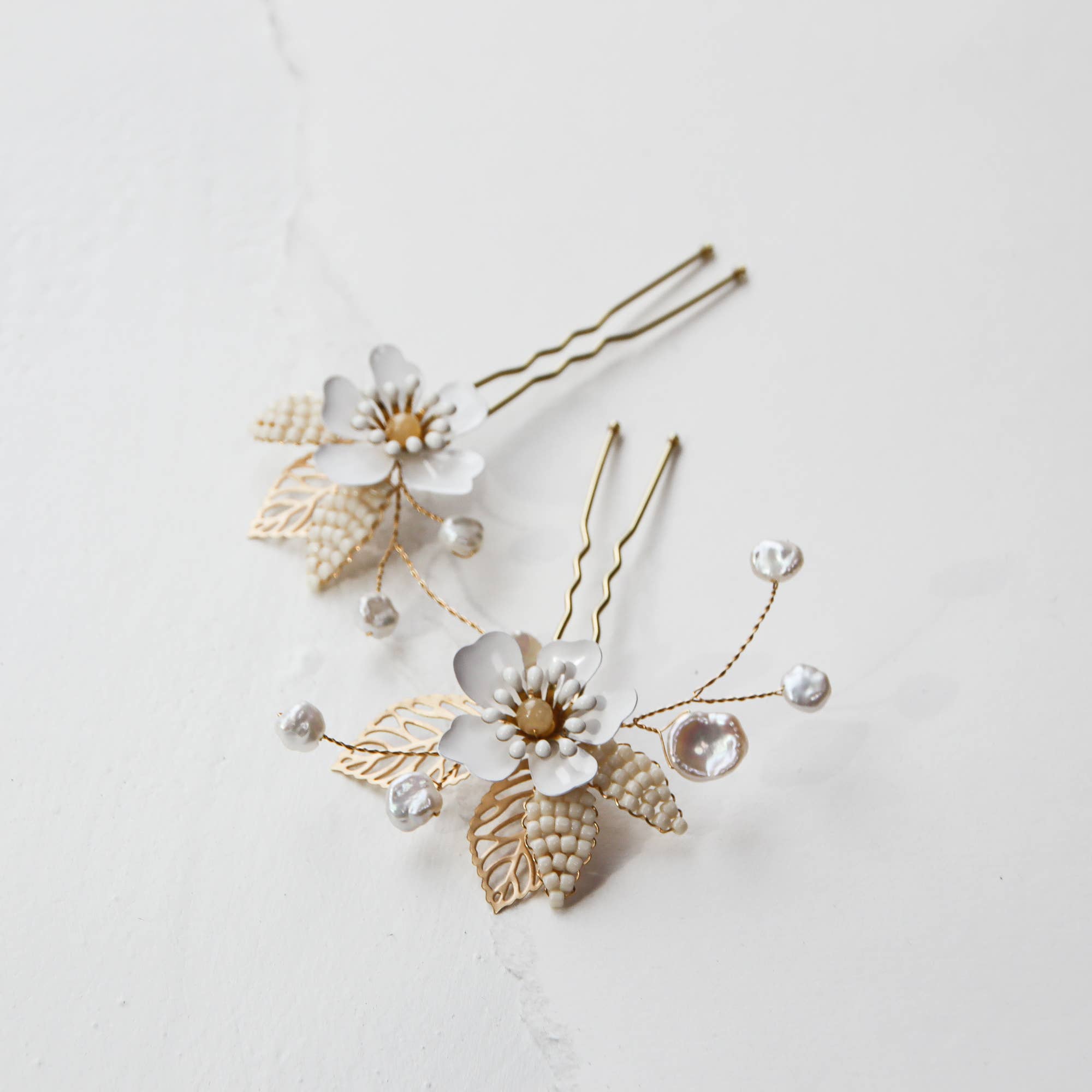 White Enamel Floral Hair Pins with Beaded Ivory Leaves